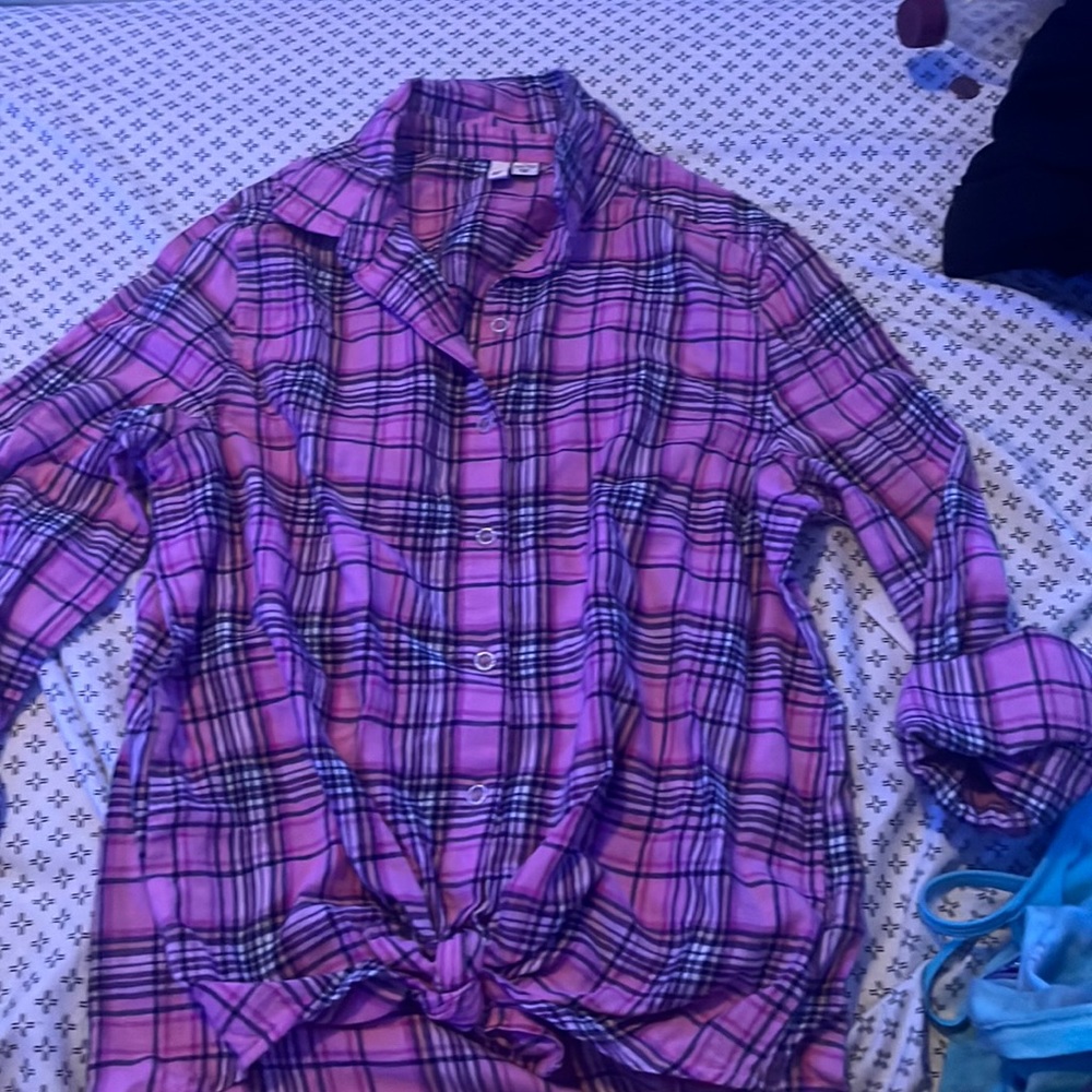 A pink flannel type thing from kohl’s (never worn, price is unknown.)